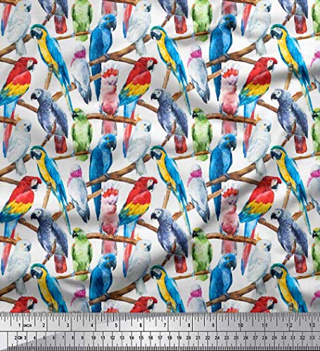 Soimoi Weib Baumwolle Batist Stoff Zweig & bunter Papagei Vogel Stoff drucken 1 Meter 42 Zoll breit von Soimoi