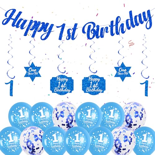 1. Geburtstag Dekorationen für Jungen - Blau Happy 1st Birthday Banner Hängende Wirbel Konfetti Luftballons und 1. Geburtstag Luftballons für Jungen Erste Geburtstagsfeier 1. Geburtstag Dekorationen für Jungen - Blau Happy 1st Birthday Banner Hängende Wirbel Konfetti Luftballons und 1. Geburtstag Luftballons für Jungen Erste Geburtstagsfeier von Soireeparty