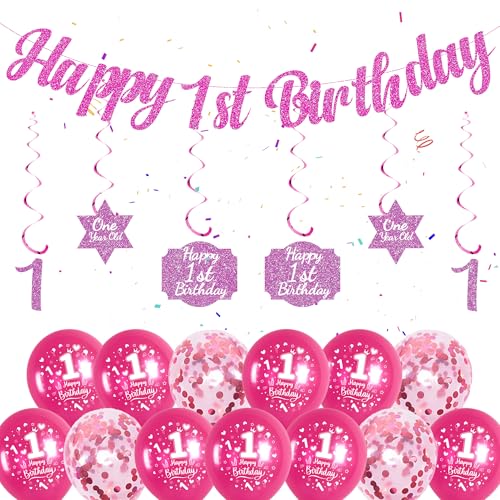 1. Geburtstag Dekorationen für Mädchen - Rosa Happy 1st Birthday Banner, hängende Wirbel, Konfetti Luftballons und 1. Geburtstag Luftballons für Mädchen erste Geburtstagsfeier 1. Geburtstag Dekorationen für Mädchen - Rosa Happy 1st Birthday Banner, hängende Wirbel, Konfetti Luftballons und 1. Geburtstag Luftballons für Mädchen erste Geburtstagsfeier von Soireeparty