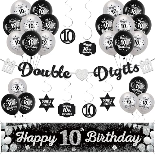 10 Geburtstag Dekorationen für Jungen Mädchen - Schwarz Silber Doppelstellige Girlande Hängende Wirbel Dekor, Happy 10th Birthday Yard Banner und Latexballon für 10 Jahre alte Kinder 10 Geburtstag Dekorationen für Jungen Mädchen - Schwarz Silber Doppelstellige Girlande Hängende Wirbel Dekor, Happy 10th Birthday Yard Banner und Latexballon für 10 Jahre alte Kinder von Soireeparty