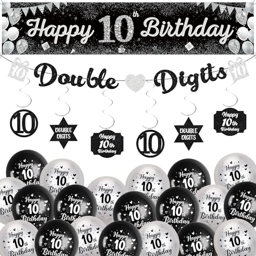 10 Geburtstag Dekorationen für Jungen Mädchen - Schwarz Silber Happy 10th Birthday Yard Banner, Doppelstellige Girlande Hängende Wirbel Dekor und Latexballon für 10 Jahre alte Kinder 10 Geburtstag Dekorationen für Jungen Mädchen - Schwarz Silber Happy 10th Birthday Yard Banner, Doppelstellige Girlande Hängende Wirbel Dekor und Latexballon für 10 Jahre alte Kinder von Soireeparty