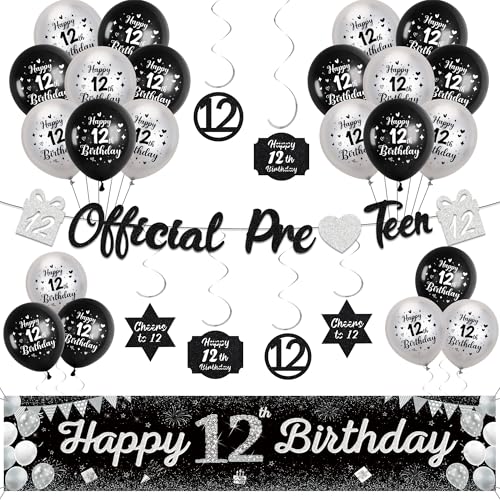 12. Geburtstag Dekorationen für Jungen Mädchen - Schwarz Silber Happy 12th Birthday Yard Banner, Offizielle Pre Teen Girlande Hängende Wirbel Dekor und Latexballons für 12 Jahre alte Kinder 12. Geburtstag Dekorationen für Jungen Mädchen - Schwarz Silber Happy 12th Birthday Yard Banner, Offizielle Pre Teen Girlande Hängende Wirbel Dekor und Latexballons für 12 Jahre alte Kinder von Soireeparty
