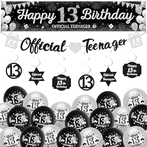 13 Geburtstag Dekorationen für Jungen Mädchen - Schwarz Silber Happy 13th Birthday Yard Banner, Offizielle Teenager Girlande Hängende Wirbel Dekor und Latexballons für 13 Jahre alte Kinder 13 Geburtstag Dekorationen für Jungen Mädchen - Schwarz Silber Happy 13th Birthday Yard Banner, Offizielle Teenager Girlande Hängende Wirbel Dekor und Latexballons für 13 Jahre alte Kinder von Soireeparty