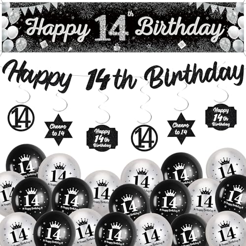 14 Geburtstag Dekorationen für Jungen Mädchen - Glitzer Schwarz Silber Happy 14th Birthday Yard Banner und Girlande, hängende Wirbel Dekor und Latexballons für 14 Jahre alte Kinder 14 Geburtstag Dekorationen für Jungen Mädchen - Glitzer Schwarz Silber Happy 14th Birthday Yard Banner und Girlande, hängende Wirbel Dekor und Latexballons für 14 Jahre alte Kinder von Soireeparty