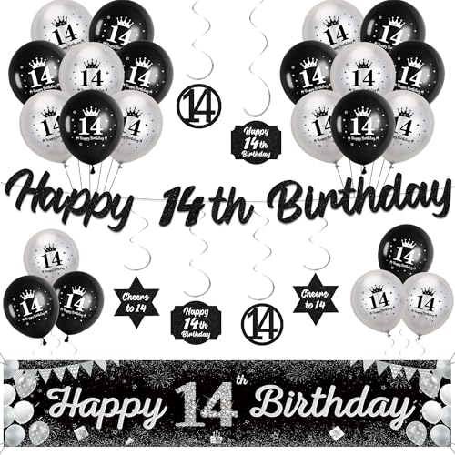 14 Geburtstag Dekorationen für Jungen Mädchen - Schwarz Silber Happy 14th Birthday Yard Girlande und Banner, Glitzer Hängende Wirbel Dekor und Latexballons für 14 Jahre alte Kinder 14 Geburtstag Dekorationen für Jungen Mädchen - Schwarz Silber Happy 14th Birthday Yard Girlande und Banner, Glitzer Hängende Wirbel Dekor und Latexballons für 14 Jahre alte Kinder von Soireeparty