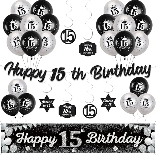15 Geburtstag Dekorationen für Jungen Mädchen - Glitzer Schwarz Silber Happy 15th Birthday Yard Banner und Girlande, hängende Wirbel Dekor und Latexballons für 15 Jahre alte Kinder 15 Geburtstag Dekorationen für Jungen Mädchen - Glitzer Schwarz Silber Happy 15th Birthday Yard Banner und Girlande, hängende Wirbel Dekor und Latexballons für 15 Jahre alte Kinder von Soireeparty