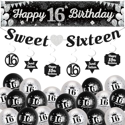 16. Geburtstag Dekorationen für Jungen Mädchen - Schwarz Silber Happy 16th Birthday Yard Banner, Sweet Sixteen Girlande Hängende Wirbel Dekor und Latexballons für 16 Jahre Alt Party Supplies 16. Geburtstag Dekorationen für Jungen Mädchen - Schwarz Silber Happy 16th Birthday Yard Banner, Sweet Sixteen Girlande Hängende Wirbel Dekor und Latexballons für 16 Jahre Alt Party Supplies von Soireeparty