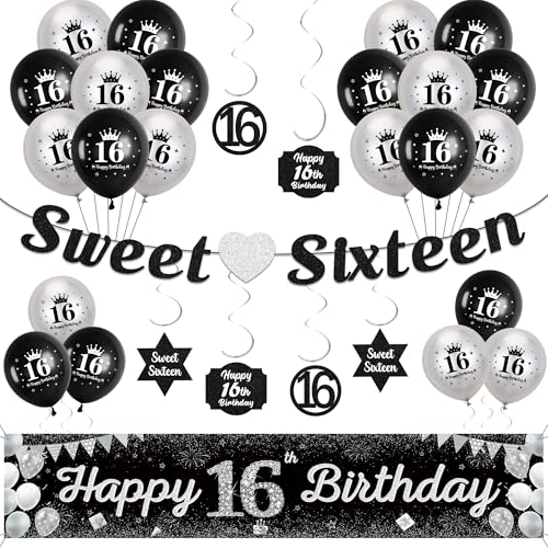 16. Geburtstag Dekorationen für Jungen Mädchen - Schwarz Silber Sweet Sixteen Girlande Hängende Wirbel Dekor, Happy 16th Birthday Yard Banner und Latexballons für 16 Jahre Alt Party Supplies 16. Geburtstag Dekorationen für Jungen Mädchen - Schwarz Silber Sweet Sixteen Girlande Hängende Wirbel Dekor, Happy 16th Birthday Yard Banner und Latexballons für 16 Jahre Alt Party Supplies von Soireeparty