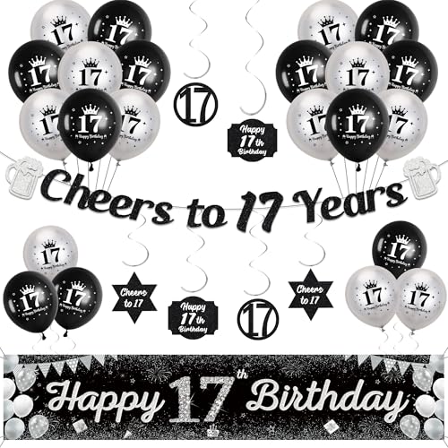 17. Geburtstag Dekorationen für Jungen Mädchen - Schwarz Silber Cheers to 17 Years Girlande Hängende Wirbel Dekor, Happy 17th Birthday Yard Banner und Latex Ballons Party Supplies 17. Geburtstag Dekorationen für Jungen Mädchen - Schwarz Silber Cheers to 17 Years Girlande Hängende Wirbel Dekor, Happy 17th Birthday Yard Banner und Latex Ballons Party Supplies von Soireeparty