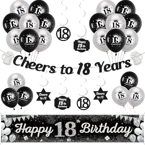 18. Geburtstag Dekorationen für Jungen Mädchen - Schwarz Silber Cheers to 18 Years Girlande Hängende Wirbel Dekor, Happy 18th Birthday Yard Banner und Latex Ballons Party Supplies 18. Geburtstag Dekorationen für Jungen Mädchen - Schwarz Silber Cheers to 18 Years Girlande Hängende Wirbel Dekor, Happy 18th Birthday Yard Banner und Latex Ballons Party Supplies von Soireeparty