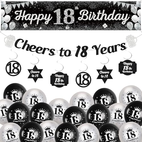 18. Geburtstag Dekorationen für Jungen Mädchen - Schwarz Silber Happy 18th Birthday Yard Banner, Cheers to 18 Years Girlande Hängende Wirbel Dekor und Latexballons Partyzubehör 18. Geburtstag Dekorationen für Jungen Mädchen - Schwarz Silber Happy 18th Birthday Yard Banner, Cheers to 18 Years Girlande Hängende Wirbel Dekor und Latexballons Partyzubehör von Soireeparty