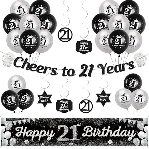 21. Geburtstag Dekorationen für Ihn Männer – Schwarz Silber Cheers to 21 Years Girlande Hängende Wirbel Dekor, Happy 21st Birthday Yard Banner und Latexballons für Damen Party Supplies 21. Geburtstag Dekorationen für Ihn Männer – Schwarz Silber Cheers to 21 Years Girlande Hängende Wirbel Dekor, Happy 21st Birthday Yard Banner und Latexballons für Damen Party Supplies von Soireeparty