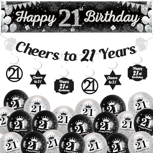21. Geburtstag Dekorationen für Ihn Männer – Schwarz Silber Happy 21st Birthday Yard Banner, Cheers to 21 Years Girlande Hängende Wirbel Dekor und Latexballons für Frauen Partyzubehör 21. Geburtstag Dekorationen für Ihn Männer – Schwarz Silber Happy 21st Birthday Yard Banner, Cheers to 21 Years Girlande Hängende Wirbel Dekor und Latexballons für Frauen Partyzubehör von Soireeparty
