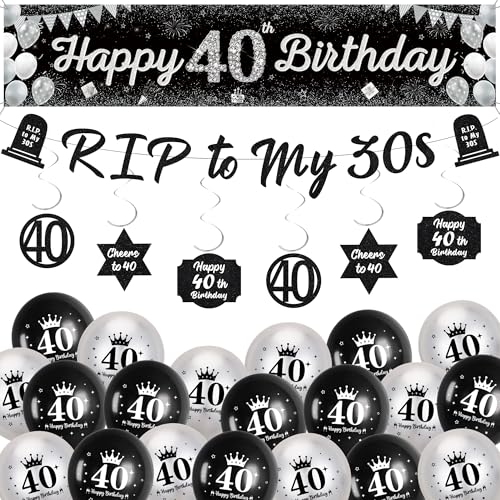 40. Geburtstag Dekorationen für Ihn Männer – Schwarz Silber Happy 40th Birthday Yard Banner, Rip to My 30s Girlande Hängende Wirbel Dekor und Latexballons für Frauen Partyzubehör 40. Geburtstag Dekorationen für Ihn Männer – Schwarz Silber Happy 40th Birthday Yard Banner, Rip to My 30s Girlande Hängende Wirbel Dekor und Latexballons für Frauen Partyzubehör von Soireeparty