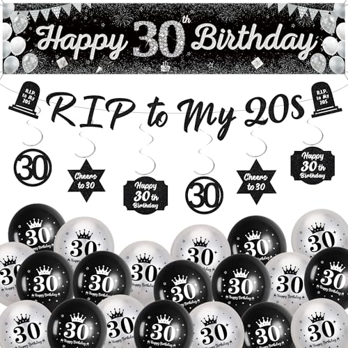 Dekoration zum 30. Geburtstag für Herren – Schwarz Silber Happy 30th Birthday Yard Banner, Rip to My 20s Girlande Hängende Wirbel Dekor und Latexballons für Damen Partyzubehör Dekoration zum 30. Geburtstag für Herren – Schwarz Silber Happy 30th Birthday Yard Banner, Rip to My 20s Girlande Hängende Wirbel Dekor und Latexballons für Damen Partyzubehör von Soireeparty