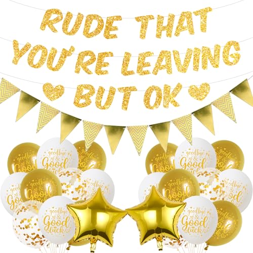Soireeparty Abschieds-Party-Dekorationen für Kollegen - Lustige Ruhestandsdekoration, Unhöflich, dass Sie Leaving But Ok Banner Latexfolie Ballons Glitzer Wimpel für Bon Voyage Decor (Gold und Weiß) von Soireeparty