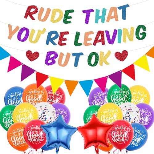 Soireeparty Abschieds-Party-Dekorationen für Kollegen - Lustige Ruhestandsdekoration, Unhöflich, dass Sie verlassen aber Ok Banner Latexfolienballons Glitzer-Wimpel für Bon Voyage Decor (Regenbogen) von Soireeparty