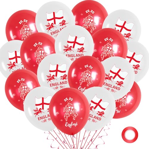 St. Georges Day Luftballons Dekorationen - 36 Stück Rot Weiß England Flagge Design Latex Ballons St. George Ritter Schilde Flagge Gedruckt Ballon Dekor für England National Day Party von Soireeparty