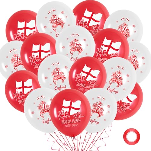 St. Georges Day Luftballons Dekorationen - 36 Stück Rot Weiß England Flagge Design Latex Ballons St. George Ritter Schilde Flagge Gedruckt Ballon Dekor für England National Day Party von Soireeparty