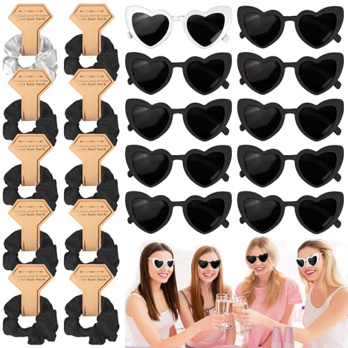 SolWonder Herzförmige Brautparty-Sonnenbrille + Haargummi, 20 Stück, Schwarz, Retro, Liebe, Braut Haargummi, Accessoires, COSTUME_EYEWEAR von SolWonder