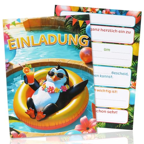 SolWonder 12 Stück Pinguin Einladungskarten Kindergeburtstag – Süße Poolparty Einladungen mit Pinguin-Motiv für Mädchen und Jungen – Geburtstagseinladungen Schwimmbad Party A6 (10,5x14,8 cm) von SolWonder