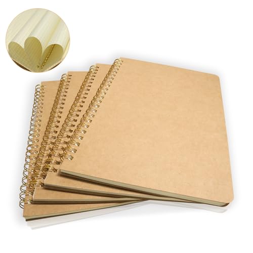 Notizbuch A5 Spirale Notizblock, Notizbuch A5 Kariert, 4 Stück Kraft Cover Notizblock, Kariert Seiten, 50 Blatt/100 Seiten, 21x14cm – Tagebuch Spiralbindung, Skizzenbuch, Schulheft für Büro Geschenk von Solamigrace