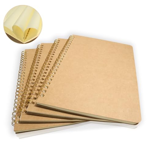 Solamigrace Notizbuch A5 Spirale Notizblock Blanko, 4 Stück Kraft Cover, Blanko Seiten A5 Notizblock, 50 Blatt/100 Seiten, 21x14cm – Tagebuch Spiralbindung, Skizzenbuch, Schulheft für Büro & Schule von Solamigrace