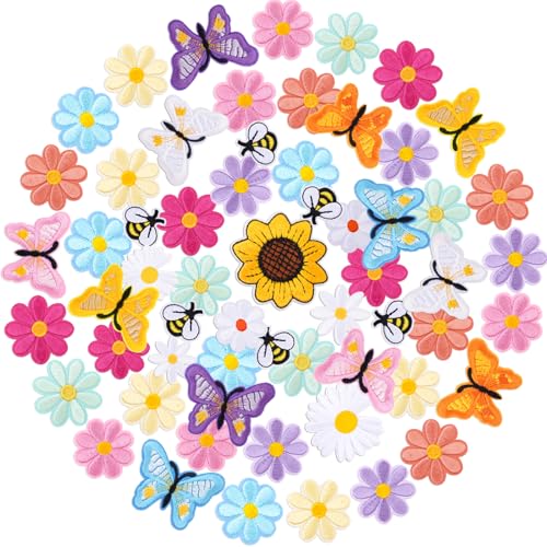 Solasocool Bestickte Aufnäher zum Aufbügeln, 62 Stück, Blume, Schmetterling, zum Aufnähen, für Kleidung, Hüte, Rucksäcke, niedliche Stickerei-Flicken für Kleidung, Jeans, Jacken, DIY-Zubehör von Solasocool