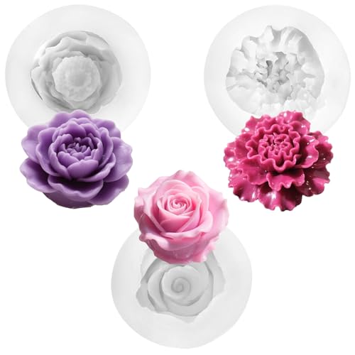 3 Stück Kerzen Silikonformen Kerzenform Blumen 3D Silikonform Kerzen Silikonformen Gießformen Kerzen Gießen Formen für DIY Kerzen, Seifen, Gipsharzhandwerk (Rose Nelken Pfingstrose) von Solaverano