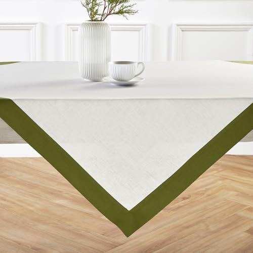 Solino Home Contempo, quadratische Tischdecke, 132 x 132 cm, 100 % reines Leinen, Avocado und Weiß, Tischtuch, maschinenwaschbar, für Frühling, Muttertag, Vatertag, Sommer von Solino Home