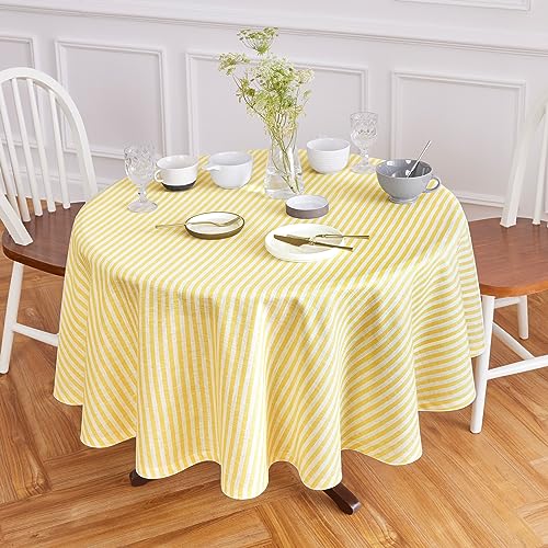 Solino Home Runde Tischdecke, Leinen, 152,4 cm, Amalfi-Streifen, 100 % reines Leinen, Primrose Gelb und Weiß, runde Tischdecke, maschinenwaschbar, Tischdecke für den Sommer von Solino Home