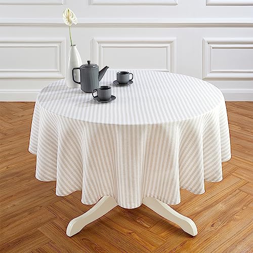 Solino Home Runde Tischdecke aus Leinen, 152.4 cm, 100 % reines Leinen, natürliche und weiße Tischdecke für Sommer, Esszimmer, Indoor,Amalfi Streifen, handgefertigt und maschinenwaschbar von Solino Home
