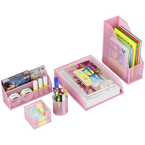 Solinxe Schreibtisch Organizer Set aus Metall - Dokumentenablage A4 Papier Briefablage Stiftehalter Briefhalter und Haftnotiz Halter, Rosa von Solinxe
