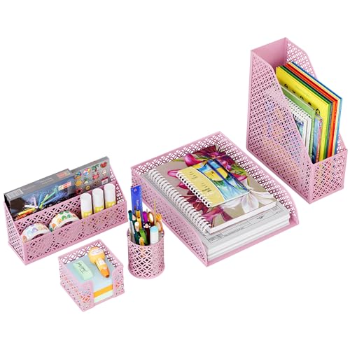 Solinxe Schreibtisch Organizer Set aus Metall - Dokumentenablage A4 Papier Briefablage Stiftehalter Briefhalter und Haftnotiz Halter, Rosa von Solinxe