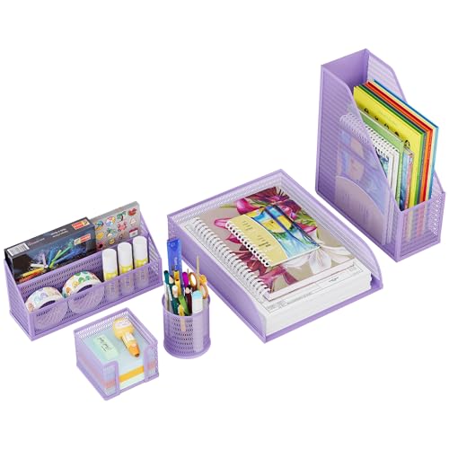 Solinxe Schreibtisch Organizer Set aus Metall - Dokumentenablage A4 Papier Briefablage Stiftehalter Briefhalter und Haftnotiz Halter, Violett von Solinxe