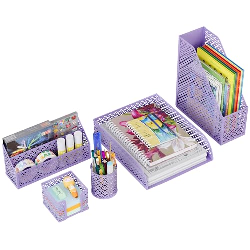 Solinxe Schreibtisch Organizer Set aus Metall - Dokumentenablage A4 Papier Briefablage Stiftehalter Briefhalter und Haftnotiz Halter, Violett von Solinxe