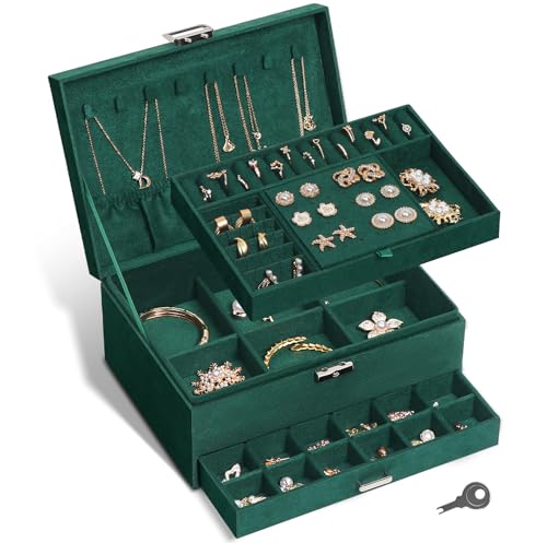 Schmuckkästchen, Schmuckkasten mit 3 Ebenen, Samt Schmuckaufbewahrung, Schmuckbox mit Schloss, Schmuckschatulle für Uhren, Ringe Ohrringe Halsketten, Geschenkidee für Mädchen Frauen (Elegantes Grün) von Solkraes