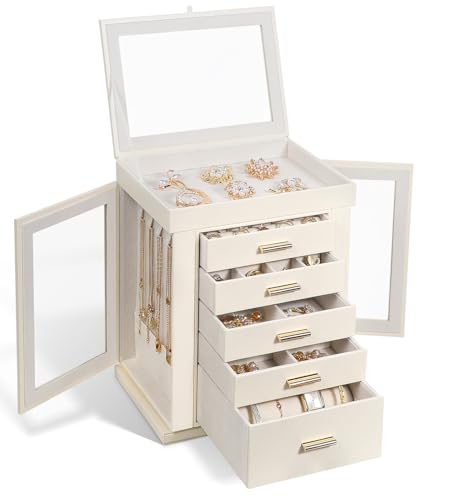 Schmuckkästchen,6 Ebenen Schmuckschatulle,Groß Schmuckkasten für Damen,Schmuckaufbewahrung mit Glasdecke,seitlich öffnenden Türen,Schmuckbox für Ringe,Ohrringe,Halskette,Geschenkbox für Mädchen Frauen von Solkraes