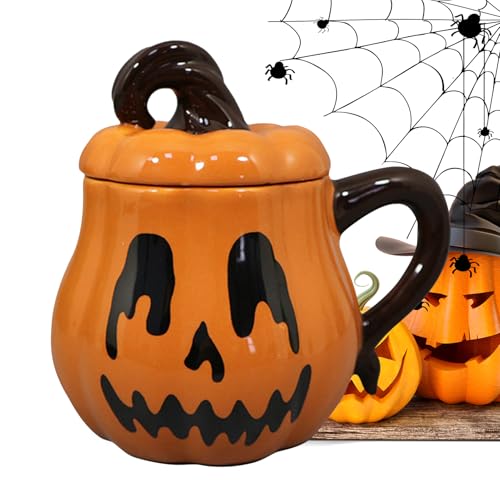 Sollee Halloween Tasse, Keramik Kürbis Teetasse mit Deckel und Griff, Witziger Niedlicher Getränkebehälter Für Halloween Tee Kaffee Milch Saft Bier 350ml von Sollee