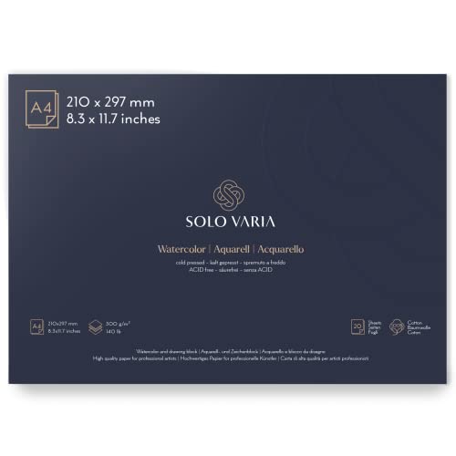 Solo Varia® Aquarellpapier A4 100% Baumwolle kaltgepresst 300g/m² 20 Blatt säurefrei geleimt Künstlerqualität Zeichenpapier Aquarellblock von Solo Varia