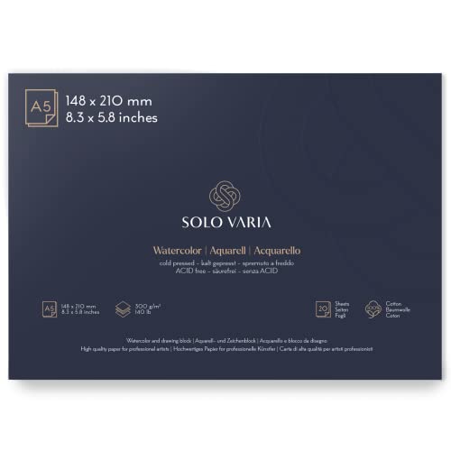 Solo Varia® Aquarellpapier A5 100% Baumwolle kaltgepresst 300g/m² 20 Blatt säurefrei geleimt Künstlerqualität Zeichenpapier Aquarellblock von Solo Varia