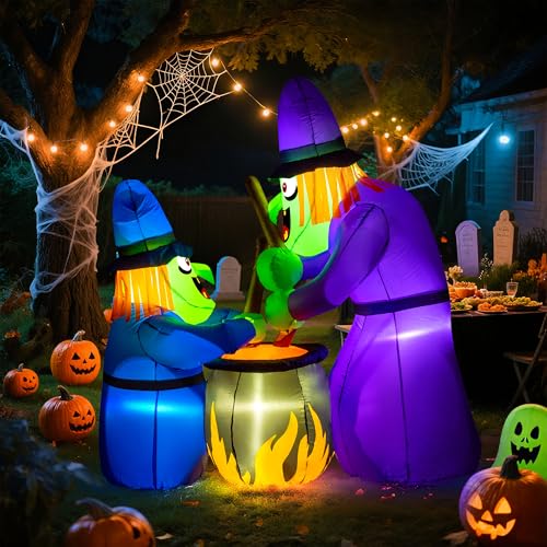 Solpex Halloween deko, Halloween Aufblasbar Hexe Dekoration, 150cm/5FT Eingebaute weißes LEDs, Gruseliger aufblasbarer für Party, Garten, Fenster (lila & blau) von Solpex