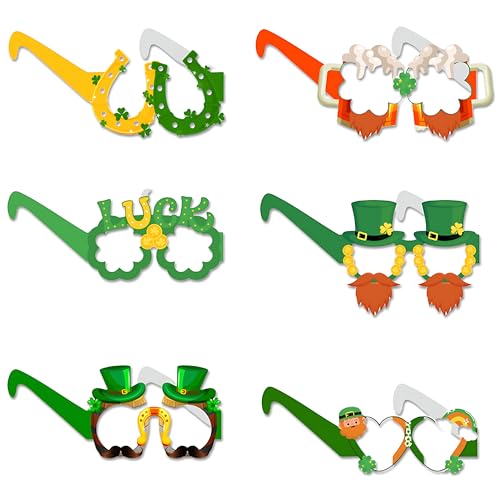 6 Stück Kleeblatt-Brille, St. Patrick's Day Zubehör, Foto-Requisiten, Brillen, grünes Kleeblatt, irische St. Patrick's Day Brille, Kobold, Hut, Schnurrbart, Foto-Requisiten für St. Patrick's Day von Solvica