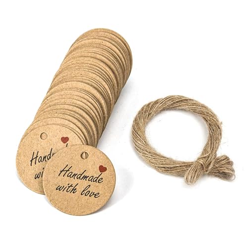 Packung mi-t 100 handgemachten Etiketten, "Hand Made with Love" Kra-ftpapieranhänger, Geschenk m-it Liebesanhängern, braune Geschenketiketten, handgemachte Etiketten mit Jutekordel für Hochzeit Packung mi-t 100 handgemachten Etiketten, "Hand Made with Love" Kra-ftpapieranhänger, Geschenk m-it Liebesanhängern, braune Geschenketiketten, handgemachte Etiketten mit Jutekordel für Hochzeit von Solyraflux