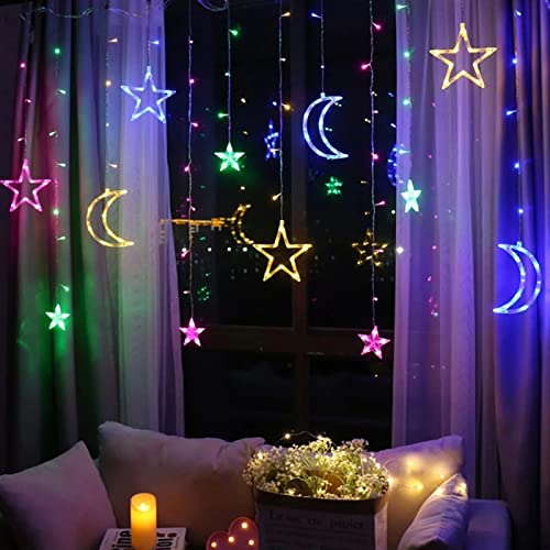 LED Lichterkette Weihnachten, 3.5m Stern Mond Lichtervorhang Batteriebetrieben, Sternenvorhang für Innen, Fenster Dekoration (Farbig) von Somedy