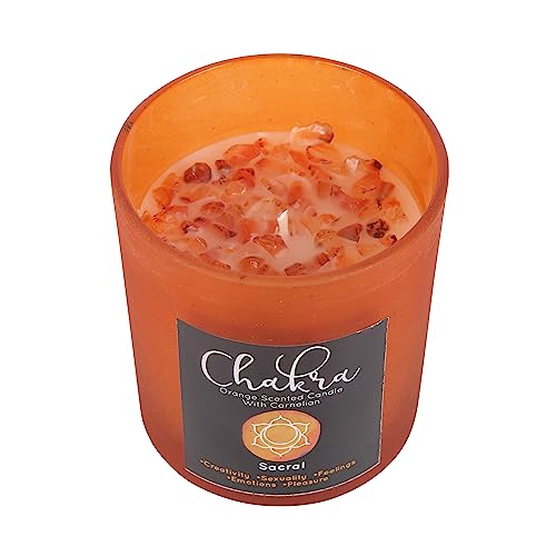 Heilige Chakra-Kerze: Orange duftend mit Karneol-Kristallfragmenten, wiederverwendbarer Glasgriff, Metalldeckel, Brenndauer 25 Stunden, Paraffinwachs, spiritueller Zweck, von Something Different Wholesale