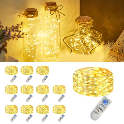 12 Stück Micro Led Lichterkette mit CR2032 Batterie, IP44 Wasserdichte Lichterkette mit Timer, 2M 20LED Mini Led Lichterketten Draht Innen für Weihnachten Deko, Halloween, Innen, Garten, Warmweiß von SonPen