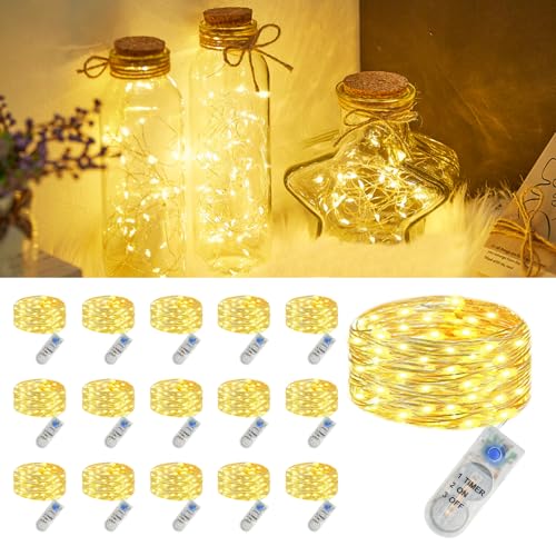 16 Stück Micro Led Lichterkette mit CR2032 Batterie, IP44 Wasserdichte Lichterkette mit Timer, 2M 20LED Mini Led Lichterketten Draht Innen für Weihnachten Deko, Halloween, Innen, Garten, Warmweiß von SonPen