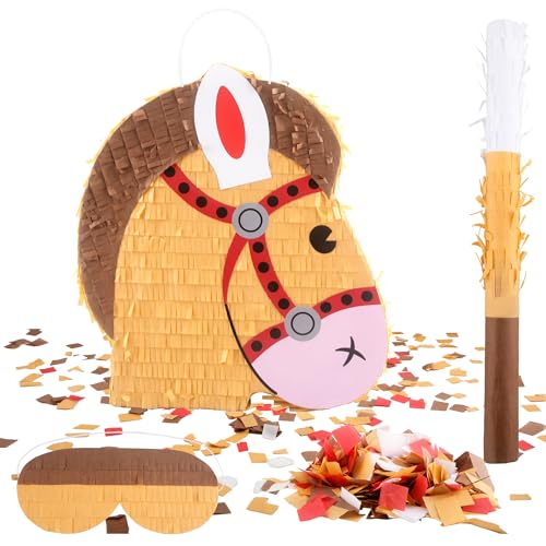 Sonarun Tier-Pferde Pinata mit Augenbinde Stick und Konfetti, braun, Karton, 30 x 30 x 32 cm, Cowboy Pferd Thema Geburtstag Party Dekorationen, Foto Requisiten, Süßigkeitenhalter von Sonarun