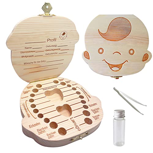 Sonfedo Milch Zähne Box, Zähne speichern Box für Kinder und Mädchen, Holz Speicher Baby Zähne Aufbewahrungsbox Geschenk, Deutsch Version (Junge) von Sonfedo